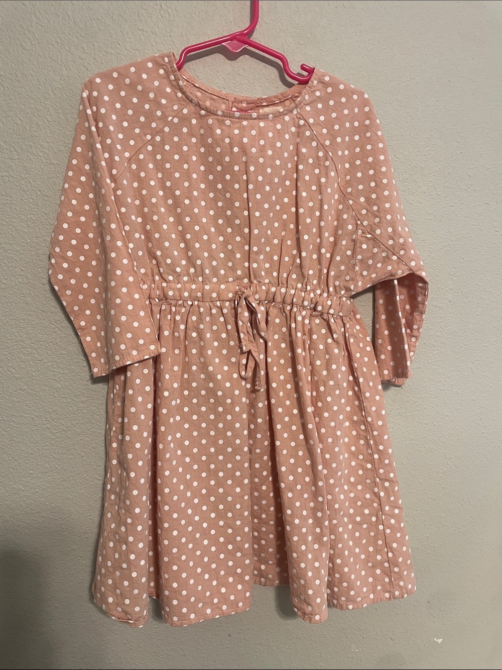Girls' Pink Polka Dot Drawstring Waist Dress